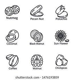 Vegan nuts icon set. Outline set of 9 vegan nuts vector icons for web design isolated on white background