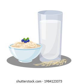 vegan oat milk vector illustration. A glass of oat milk. Vegan milk stock vector illustration on white isolated background. Vegan food and drink. A bowl of oat and organic milk stock illustration