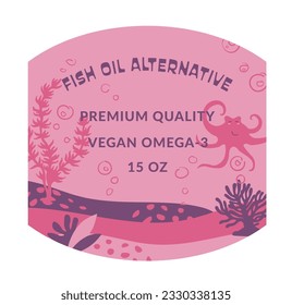 Vegan omega, fish oil alternative, premium quality. Health and nourishment care, dieting, and balanced nutrition and eating. Package logotypes or label, emblem, or logo. Vector in flat style