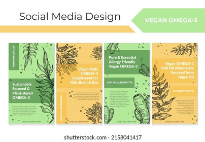 Vegan omega-3 supplement promo at social media set. Plant based and sustainably sourced product for healthy nutrition, vector illustration. Story collection with hand drawn seaweed element