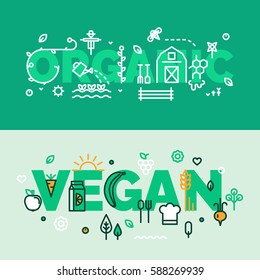 Vegan and Organic banner.
For groceries, organic, vegan shops. Healthy lifestyle. Thin line flat design banners for desktop and mobile websites.