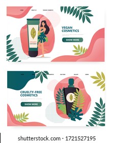 Vegan Organic Cosmetic Concept Illustration. Cruelty Free Cosmetics, Body Care. Beauty Spa Salon. Woman Try Cream. Vector Web Site Design Template. Landing Page Website Illustration