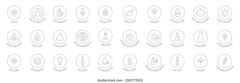 Vegan, organic cosmetic line icons. Bio, natural food. Skincare pictogram. Product free allergen labels. GMO free emblems. Organic sticker. Healthy eating. Handmade ecology symbol.Vector illustration. svg