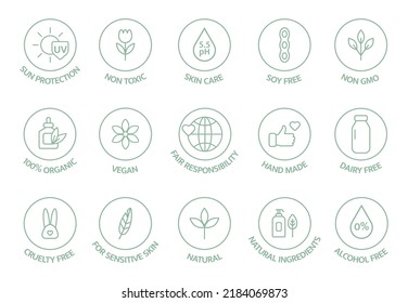 Vegan, Organic Cosmetic Line Icons. Natural Food. Skincare Pictogram. Product Free Allergen Label. GMO Free Emblem. Biodegradable Sticker. Healthy Eating. Handmade Ecology Symbol. Vector Illustration.