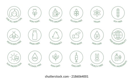 Vegan, Organic Cosmetic Line Icons. GMO Free Emblem. Natural Food. Handmade Ecology Symbol. Skincare Pictogram. Product Free Allergen Label. Biodegradable Sticker. Healthy Eating. Vector Illustration.