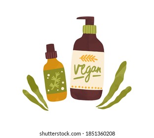 Vegan organic cosmetics in bottles isolated on white background. Flat vector cartoon illustration of herbal face and body care products. Moisturizing cream, gel or natural soap in eco pack