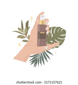Vegan organic cosmetics in bottles isolated on white background. Flat vector cartoon illustration of herbal face and body care products. Moisturizing cream, gel or natural soap in eco pack