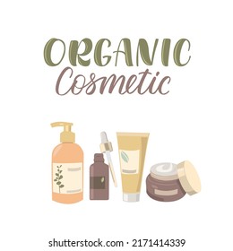 Vegan organic cosmetics in bottles isolated on white background. Flat vector illustration of herbal face and body care products. Moisturizing cream, gel or natural soap in eco pack.