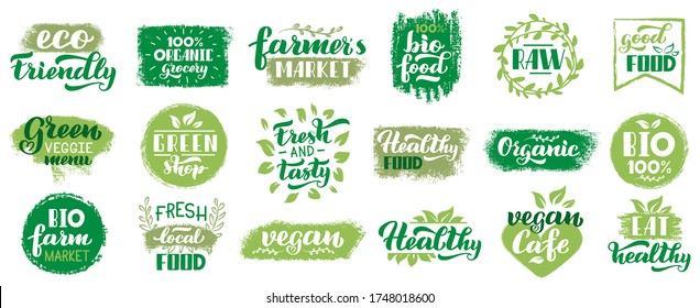 Vegan organic labels. Vegetarian food eco badges, vegan healthy lettering stamp, fresh market ecological food isolated vector symbols set. Eco emblem, natural lettering stamp, organic illustration