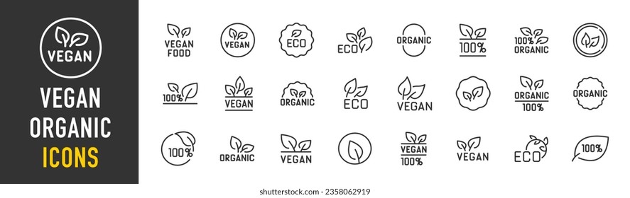 Vegan and Organic web icons in line style. Eco, healthy food, badges, audio, organic food, collection. Vector illustration.