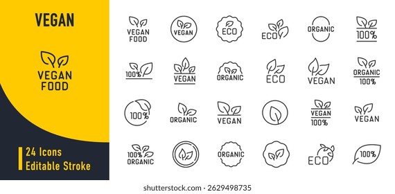 Vegan and Organic web icons in line style. Eco, healthy food, badges, audio, organic food, collection. Vector illustration.