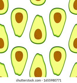 Diseño de patrones veganos con aguacate de corte medio. Sanos antecedentes de comida. Fondo de dieta. Papel pintado de moda. Ilustración vectorial.