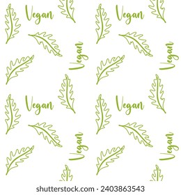 Vegetación verdura arugula verde y letras Vegan. Para el embalaje, sobre fondo blanco. Ilustración del vector