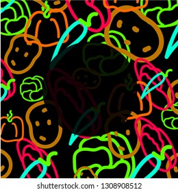 Vegan pattern with vegetables on black background