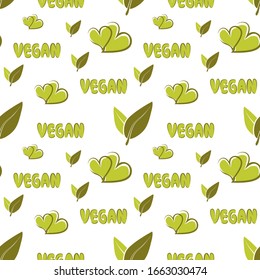 Motif végétal. Motifs de légumes. Motif vectoriel harmonieux à plat avec lettrage végétalien et coeurs dessinés à la main verte. Pour la cuisine, pour l'impression sur les textiles. Mélange design pour tissu et décoration. Image vectorielle