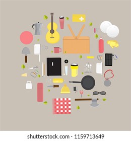 Vegan Picnic setautdoor set with picnic basket travel vector set cool weekend party no meet with family or friends for web and print flat illustration