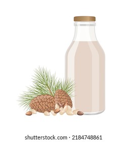 Vegan pine cedar nut milk in glass bottle, alternative non dairy drink, vector Illustration on white background