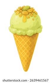 Vegan pistachio ice cream with granola and agave syrup in oat cookie cone – vector illustration isolated on white.