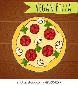 Vegan pizza on wooden table. Vector illustration.