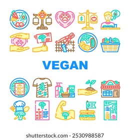 Vector de conjunto de iconos libres de crueldad basados en plantas veganas. ética sostenible, nutrición orgánica, estilo de vida de dieta, recetas de proteínas, salud Vegano planta basada crueldad línea de color libre Ilustraciones