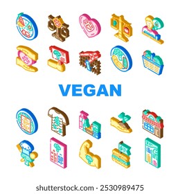 Vector de conjunto de iconos libres de crueldad basados en plantas veganas. ética sostenible, nutrición orgánica, estilo de vida de dieta, recetas de proteínas, salud vegetariana basada en plantas crueldad libre de signos isométricos