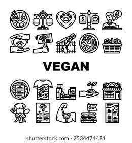 Vector de conjunto de iconos libres de crueldad basados en plantas veganas. ética sostenible, nutrición orgánica, estilo de vida dietético, recetas de proteínas, salud Vegano vegetal basado en crueldad Ilustraciones de contorno negro gratis