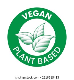 Vegan Plant Based Engraved Round Icon with Green Shaded Leaves isolated on a White Background