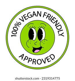 Vegan. Plant based vegetarian food product label. Green stamp. Logo or icon. Diet. Retro cartoon style sticker