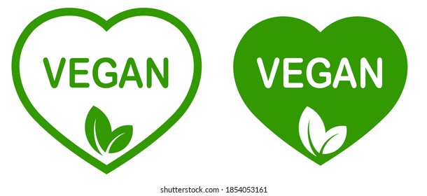 Vegan. Plant based vegeterian food product label. Green heart-shaped stamp. Logo or icon. Diet. Sticker