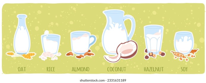 Vegan plant drink nutrition sticker set. Natural vegetarian oat, rice, almond, coconut, hazelnut, soy milk beverages. Healthy food, alternative product, organic vitamin diet flat vector illustration