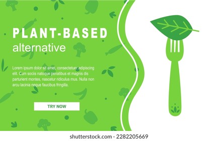 Vegan and plant-based food landing page. Fork with leaf. Meatless animal protein replacement. Sustainable climate-friendly eating. Vector flat illustration.