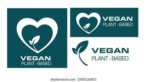 Vegan plant-based logo designs featuring eco-friendly heart and leaf motif for branding, organic products, and sustainable business marketing.