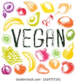 Vegan poster with colorful fruits, go green and vegan concept, hand drawn motivational banner vector illustration