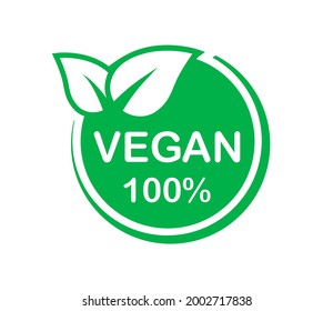 Vegan product 100 percent. Vegan green logo. Eco, bio and organic sign. Vegetarian food label. Vector icon.