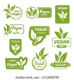 Vegan product green icon vector flat illustration. Set vegetarian food 100 percent place for text isolated on white. Eco friendly organic healthy insignia certified label with leaves, leaf, foliage