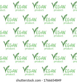 Vegan product hand lettering. Green lettering on a white background. Vector seamless pattern for food market, farm market, cafe, printing on packaging, wrapper, fabric, textile, menu. Design template
