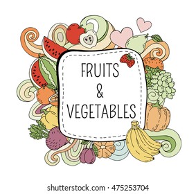 Vegan product label. Suitable for ads, signboards, packaging and identity, web designs. Label and emblem for vegetarian products, shops and websites. Fruits and vegetables frame.Vector illustration