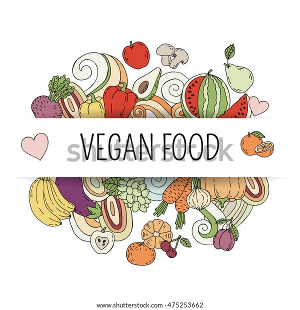 Vegan product label. Suitable for ads,\
signboards, packaging and identity, web designs. Label and emblem\
for vegetarian products, shops and websites. Fruits and vegetables\
frame. Vector\
illustration