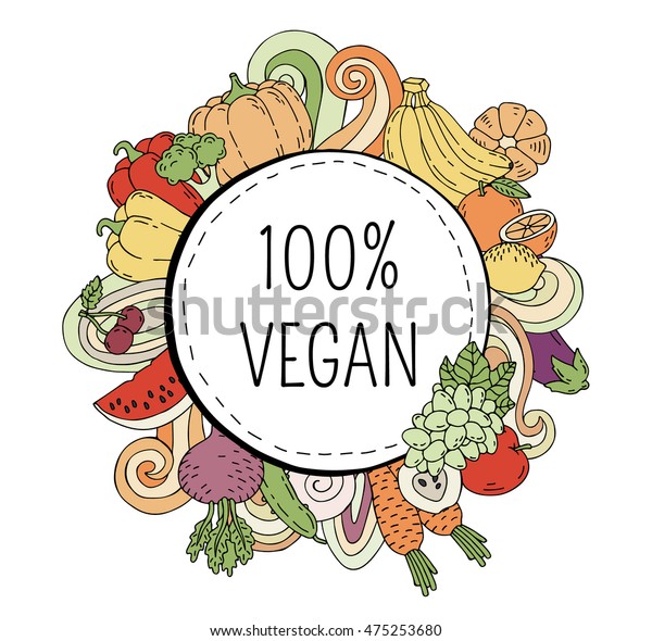 Vegan product label. Suitable for ads,\
signboards, packaging and identity, web designs. Label and emblem\
for vegetarian products, shops and websites. Fruits and vegetables\
frame. Vector\
illustration
