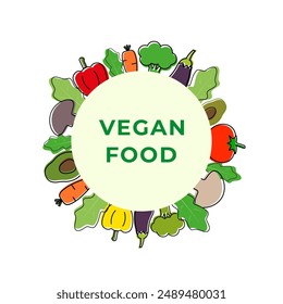 Vegan product label. Vegetable poster for design and advertisement of proper nutrition. Dietary nutrition. Vector graphics  