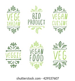 Vegan product labels. Suitable for ads, signboards, packaging and identity and web designs. Vegan food. Bio product. Vegan cuisine. Veggie. Veg. Vegetarian