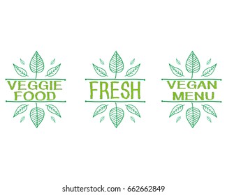 Vegan product labels. Suitable for ads, signboards, packaging and identity and web designs.  Vegan food.  Fresh. Vegan menu