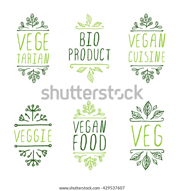 Vegan product labels. Suitable\
for ads, signboards, packaging and identity and web designs. Vegan\
food. Bio product. Vegan cuisine. Veggie. Veg.\
Vegetarian