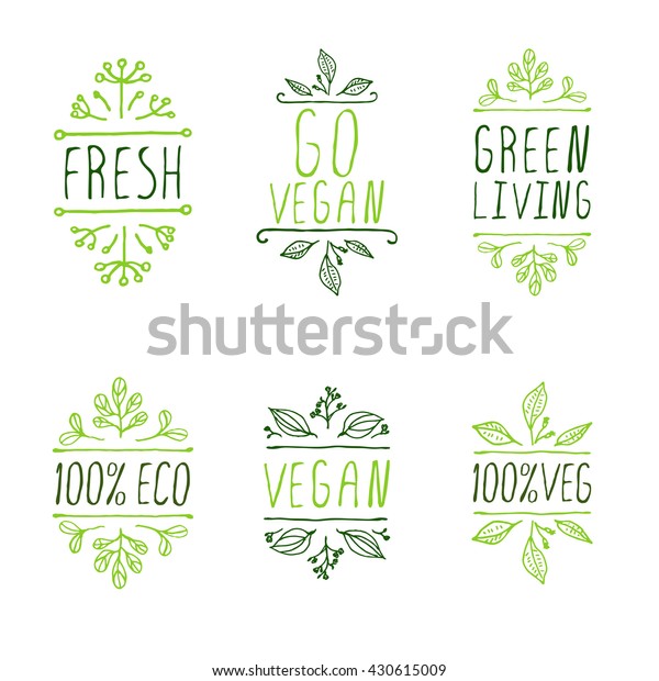 Vegan product labels. Suitable for ads, signboards,\
packaging and identity and web designs. Vegan. Go vegan. Green\
living. Fresh
