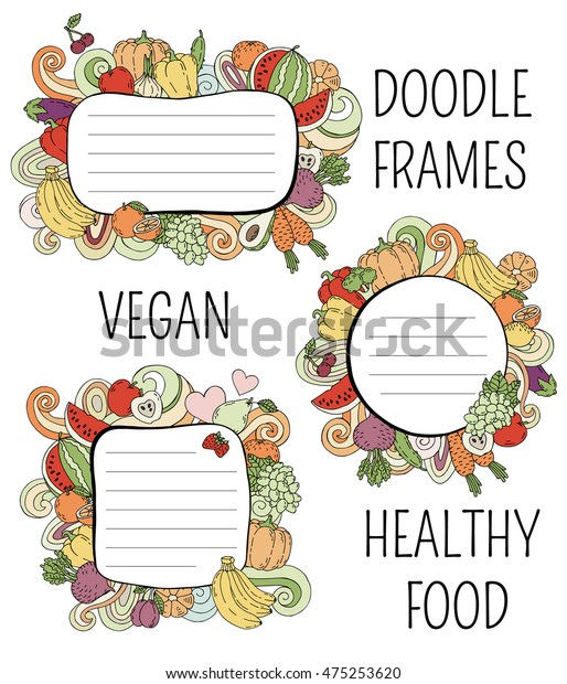Vegan product labels. Suitable for ads,\
signboards, packaging and identity, web designs. Label and emblem\
for vegetarian products, shops and websites. Fruits and vegetables\
frame. Vector\
illustration
