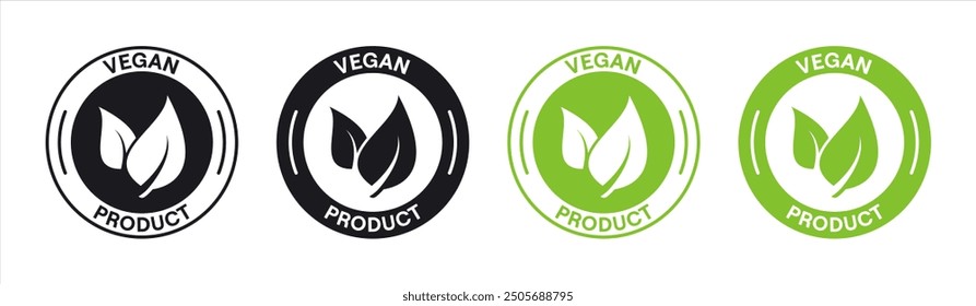 Vegan product labels vector set. Black and green vegan food stamp icons. Isolated vegetarian symbol collection. Packaging badges design, vector illustration.