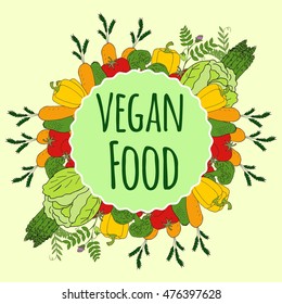 Vegan product labels. Vegetable frame. Harvest festival. Concept for market, menu, packaging.