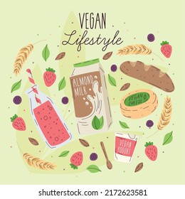 Vegan products and drinks like almond milk on a colored background Vegan lifestyle Vector