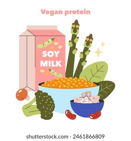 Vegan protein concept. A variety of plant-based protein sources, including soy milk and legumes, promoting a healthy diet. Lively illustration of balanced vegan nutrition. Vector illustration.