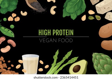 Vegan protein food chalkboard frame composition of editable text surrounded by beans leaves vegetables and milk vector illustration